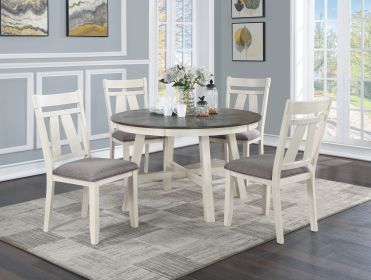 Dining Room Furniture 5pc Dining Set Round Table And 4x Side Chairs Gray Fabric Cushion Seat White Clean Lines Wooden Table Top