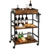 3-Tier Kitchen Serving Bar Cart with Lockable Casters and Handle Rack for Home Pub