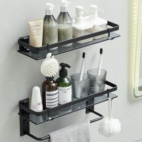 Glass Shelf for Bathroom 15.7 in Bathroom Shelves with Towel Bar Tempered Glass Shelves with 4 Removable Hooks for Wall(2 Tier) (Color: black)