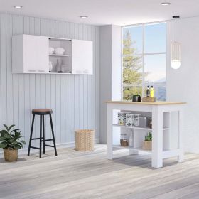 Norfolk 2 Piece Kitchen Set, Kitchen Island + Upper Wall Cabinet , White /Walnut (Color: White /Light Oak)