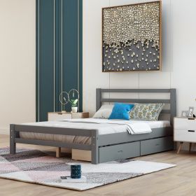 Wood platform bed with two drawers, full (Color: Gray)