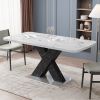 Modern Square Dining Table;  Stretchable;  Printed Black/white Marble +MDF X-Shape Table Leg with Metal Base