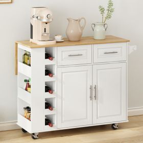 Multi-Functional Kitchen Island Cart with 2 Door Cabinet and Two Drawers,Spice Rack, Towel Holder, Wine Rack, and Foldable Rubberwood Table Top (Color: White)