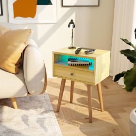 Nightstands with Charging Station, 2-Tier Storage & 20 Colors Remote LED Lights. (Color: Natural)