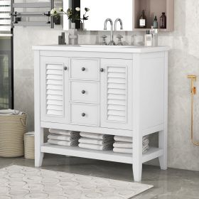 36" Bathroom Vanity with Ceramic Basin, Two Cabinets and Drawers, Open Shelf, Solid Wood Frame (Color: White)