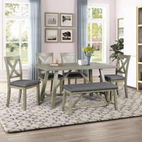 6 Piece Dining Table Set Wood Dining Table and chair Kitchen Table Set with Table;  Bench and 4 Chairs;  Rustic Style; White+Gray (Color: Gray)