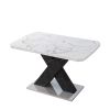 Modern Square Dining Table;  Stretchable;  Printed Black/white Marble +MDF X-Shape Table Leg with Metal Base