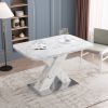 Modern Square Dining Table;  Stretchable;  Printed Black/white Marble +MDF X-Shape Table Leg with Metal Base